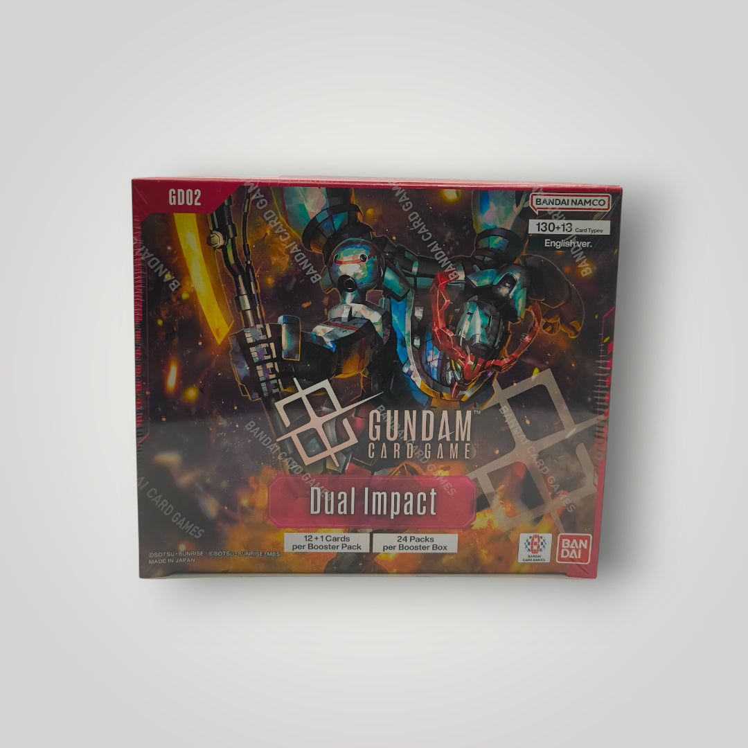 Gundam Dual Impact booster box with red border and robot artwork on front.