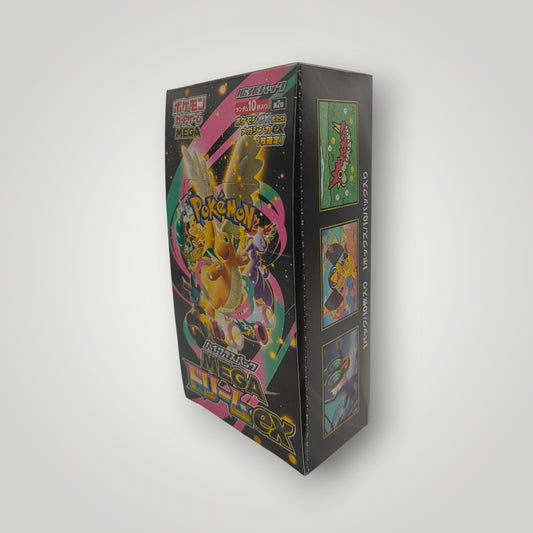 Black MEGA Dream EX Pokémon TCG booster box with colorful Charizard artwork and Japanese text.