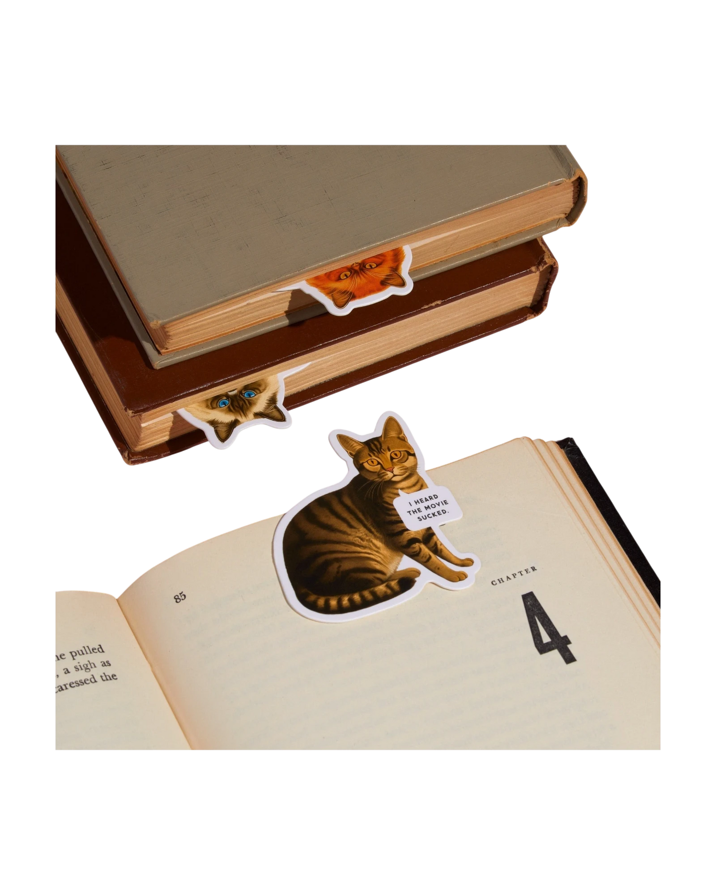 Ripperholics Moody Cats magnetic bookmark set featuring three illustrated cat designs clipped onto open books