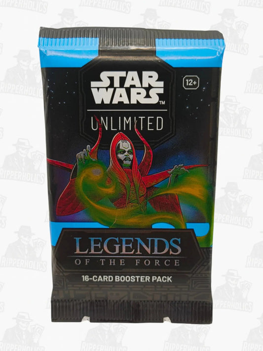 Star Wars Unlimited Legends of the Force booster pack with colorful Star Wars character artwork on black background.