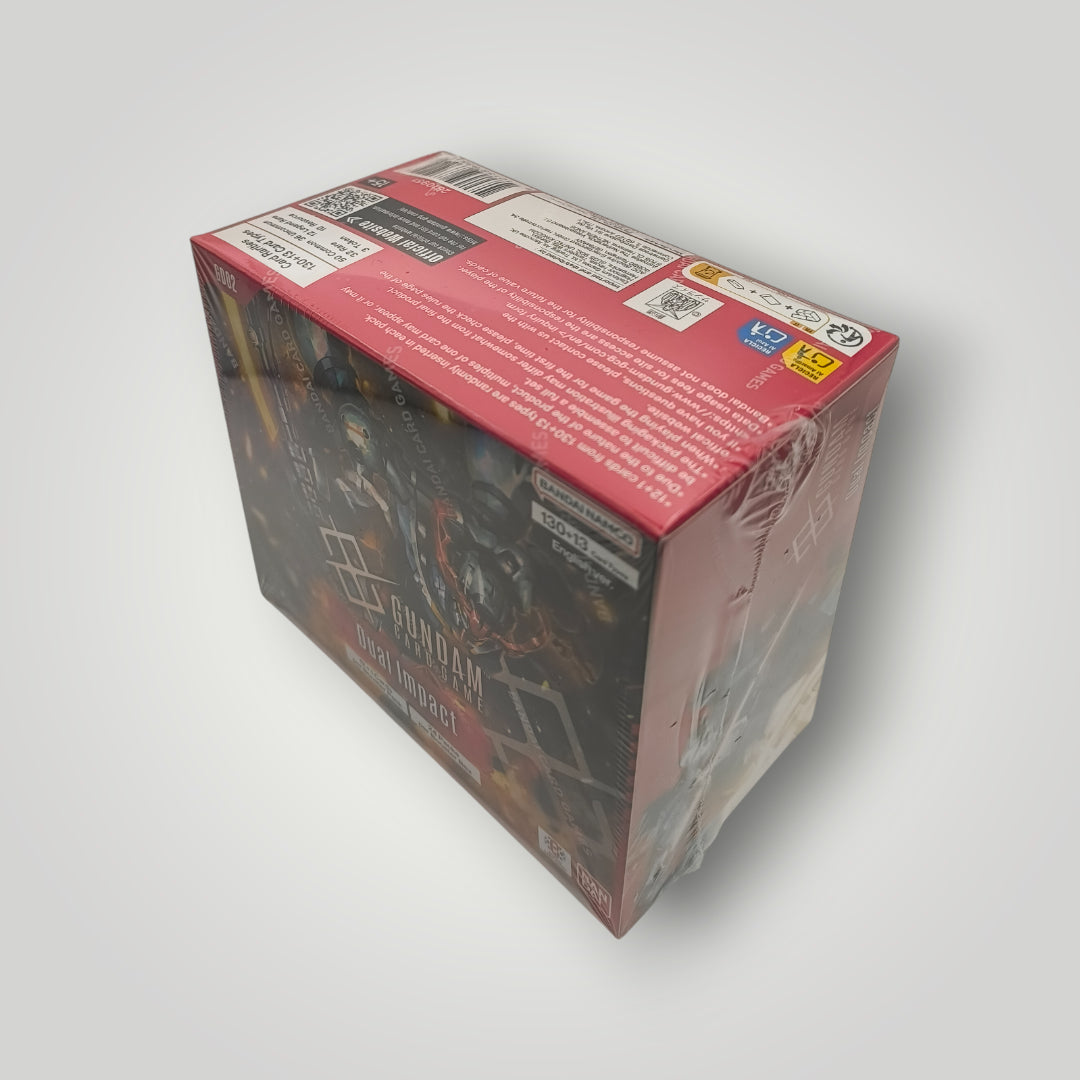 Sealed GD02 Dual Impact Gundam card game booster box with red and black design.