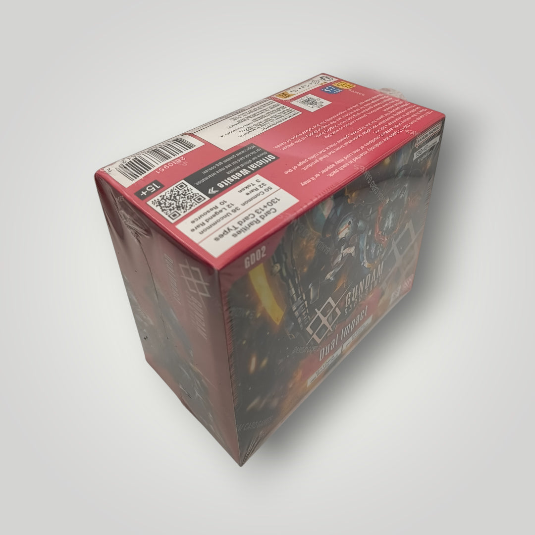 Sealed red and black GD02 Dual Impact Gundam card game booster box in English.