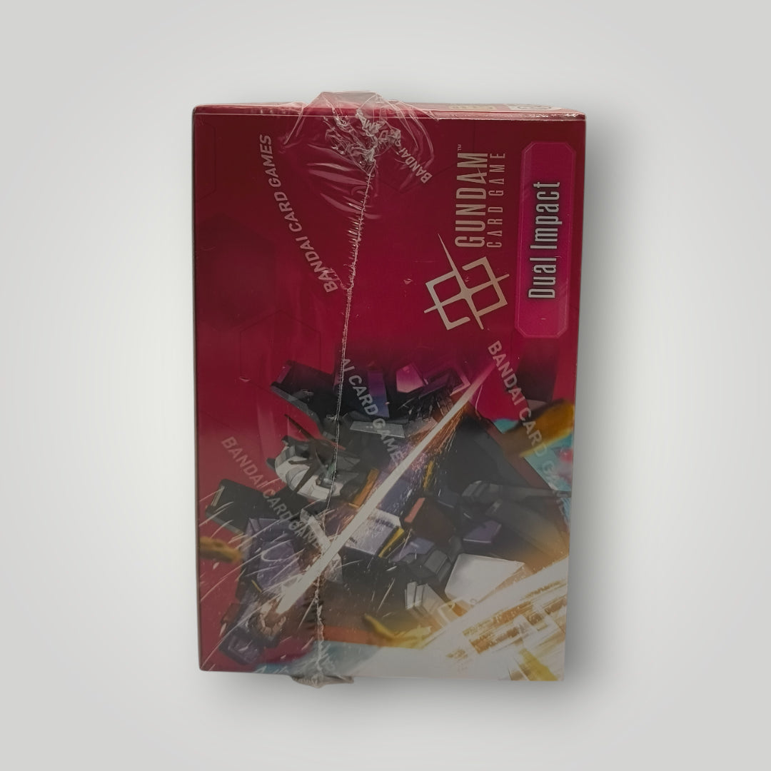 Sealed red GD02 Dual Impact Gundam card game booster box with mecha artwork and white text.