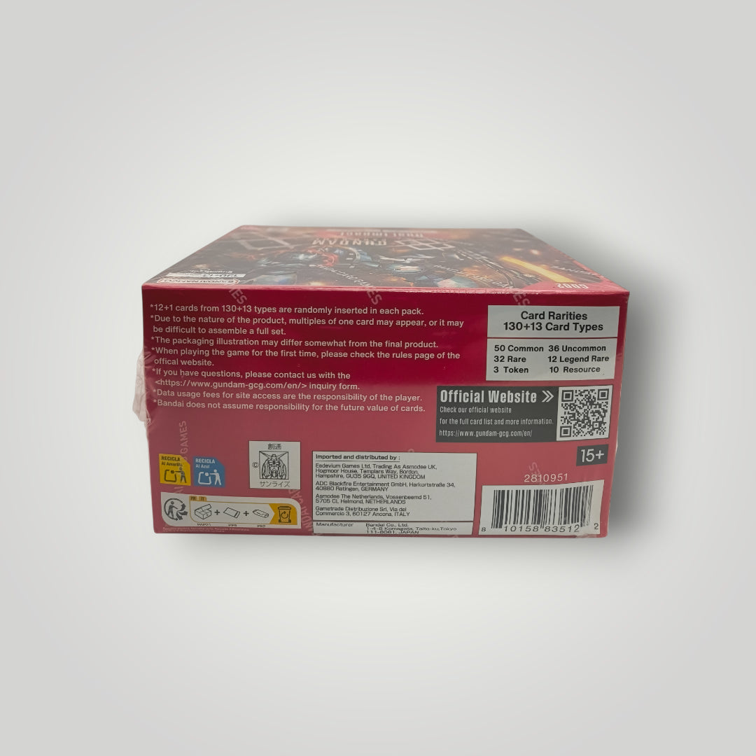 Sealed red GD02 Dual Impact Gundam English card game booster box showing back panel text and barcodes.