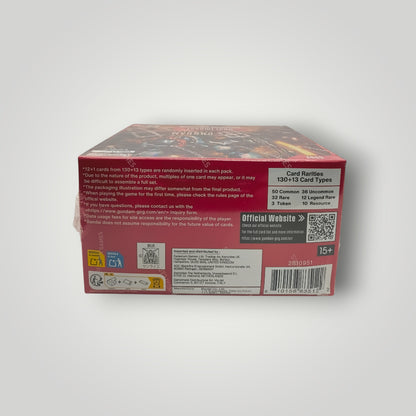 Sealed red GD02 Dual Impact Gundam English card game booster box showing back panel text and barcodes.
