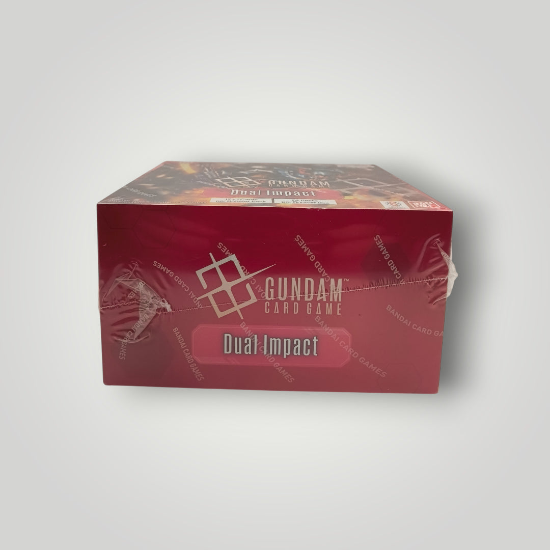 Red Gundam Dual Impact card game booster box with white text and sealed wrap.