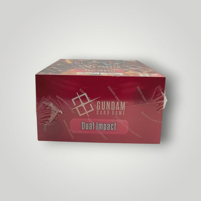 Red Gundam Dual Impact card game booster box with white text and sealed wrap.