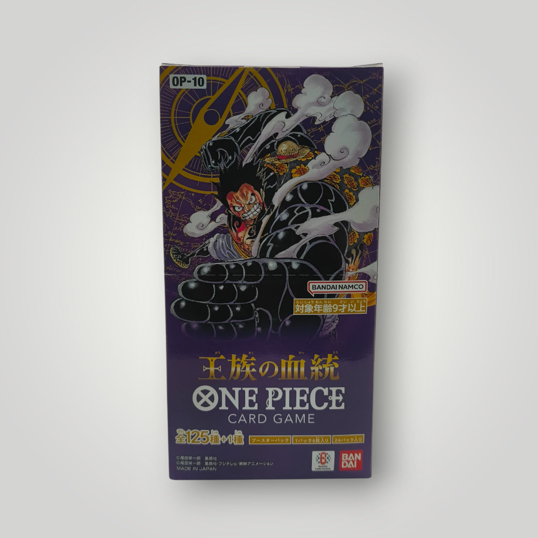 Purple One Piece card game booster box featuring Luffy and other characters in dynamic battle pose.