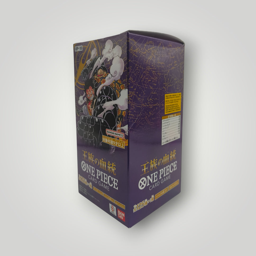 Purple One Piece OP-10 Royal Blood booster box with anime character art and Japanese text.