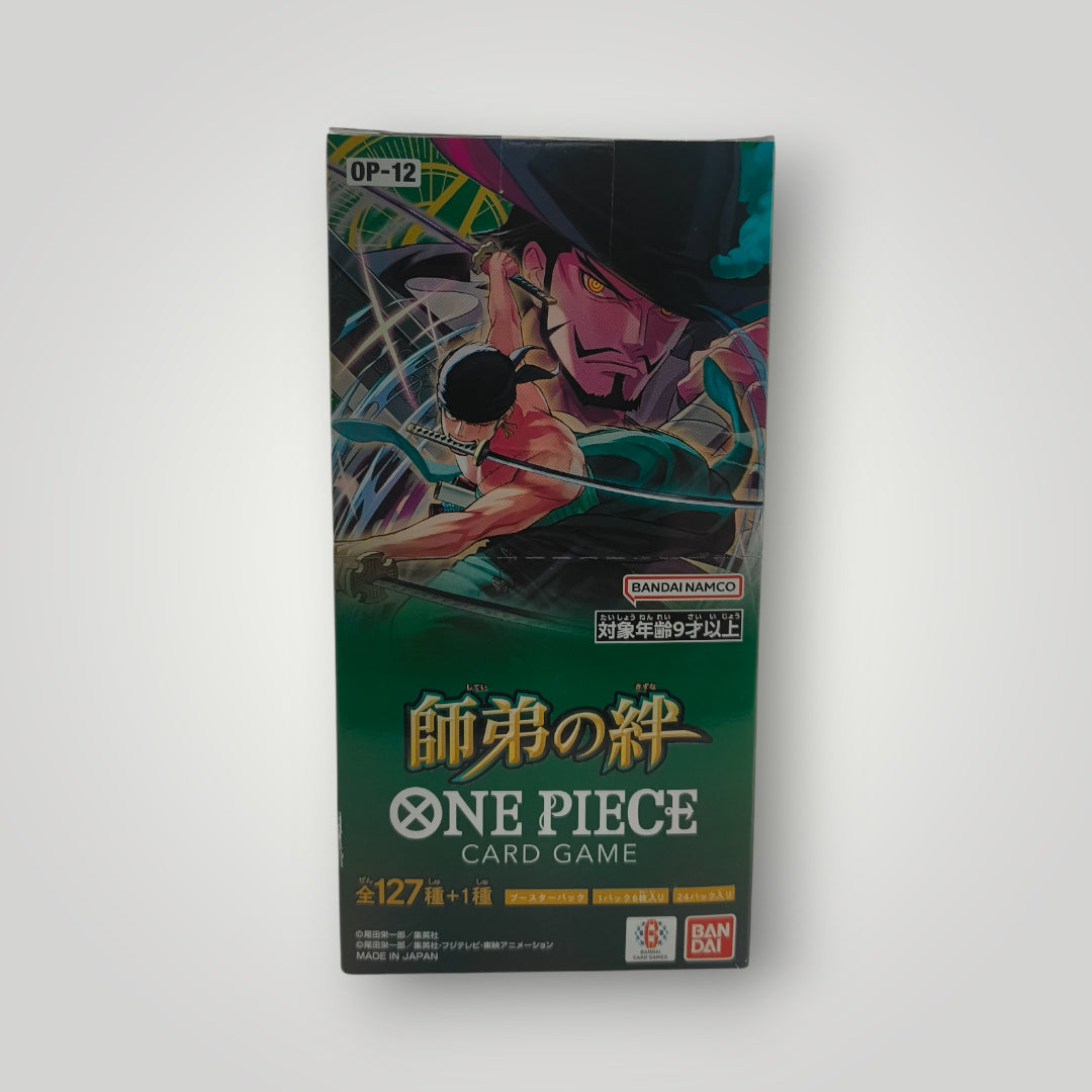 One Piece OP-12 Legacy of the Master Japanese booster box with colorful character art and gold text.