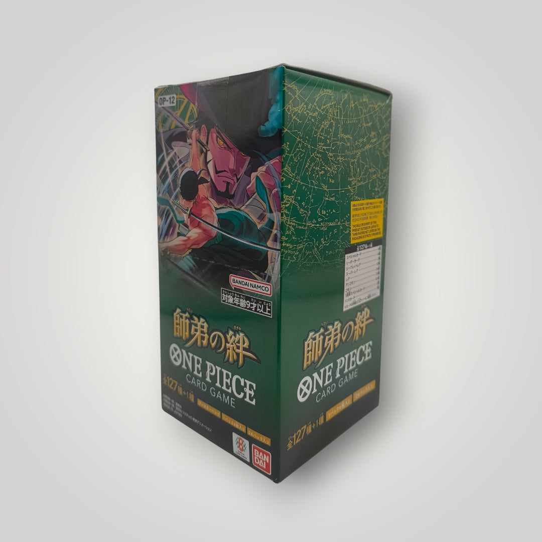Japanese One Piece OP-12 Legacy of the Master sealed booster box with colorful character art.