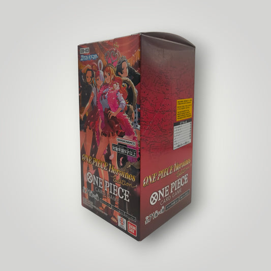 Red and black Japanese One Piece Heroines Edition card game booster box with anime character art and text.