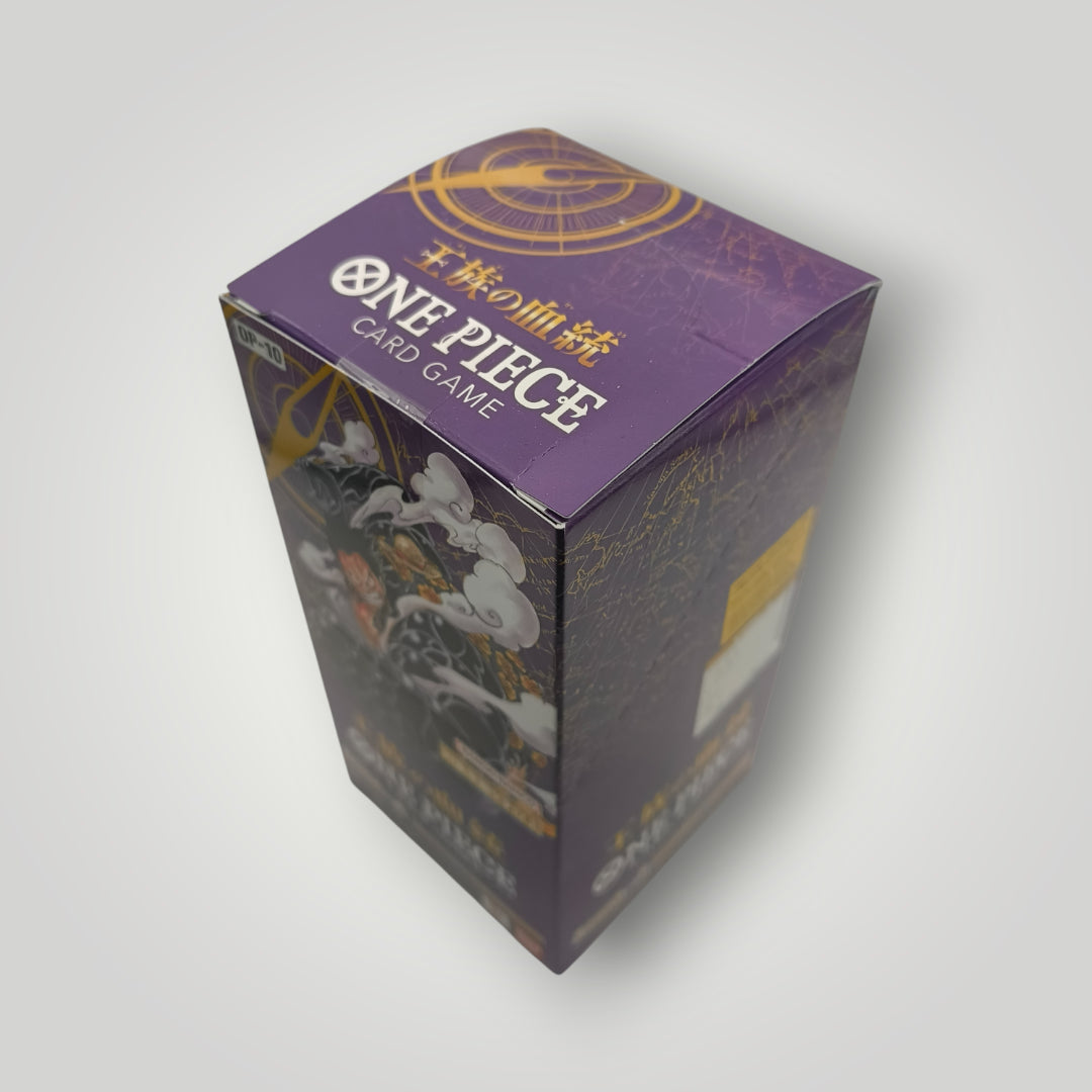Purple sealed booster box for Japanese One Piece card game with gold and white text.