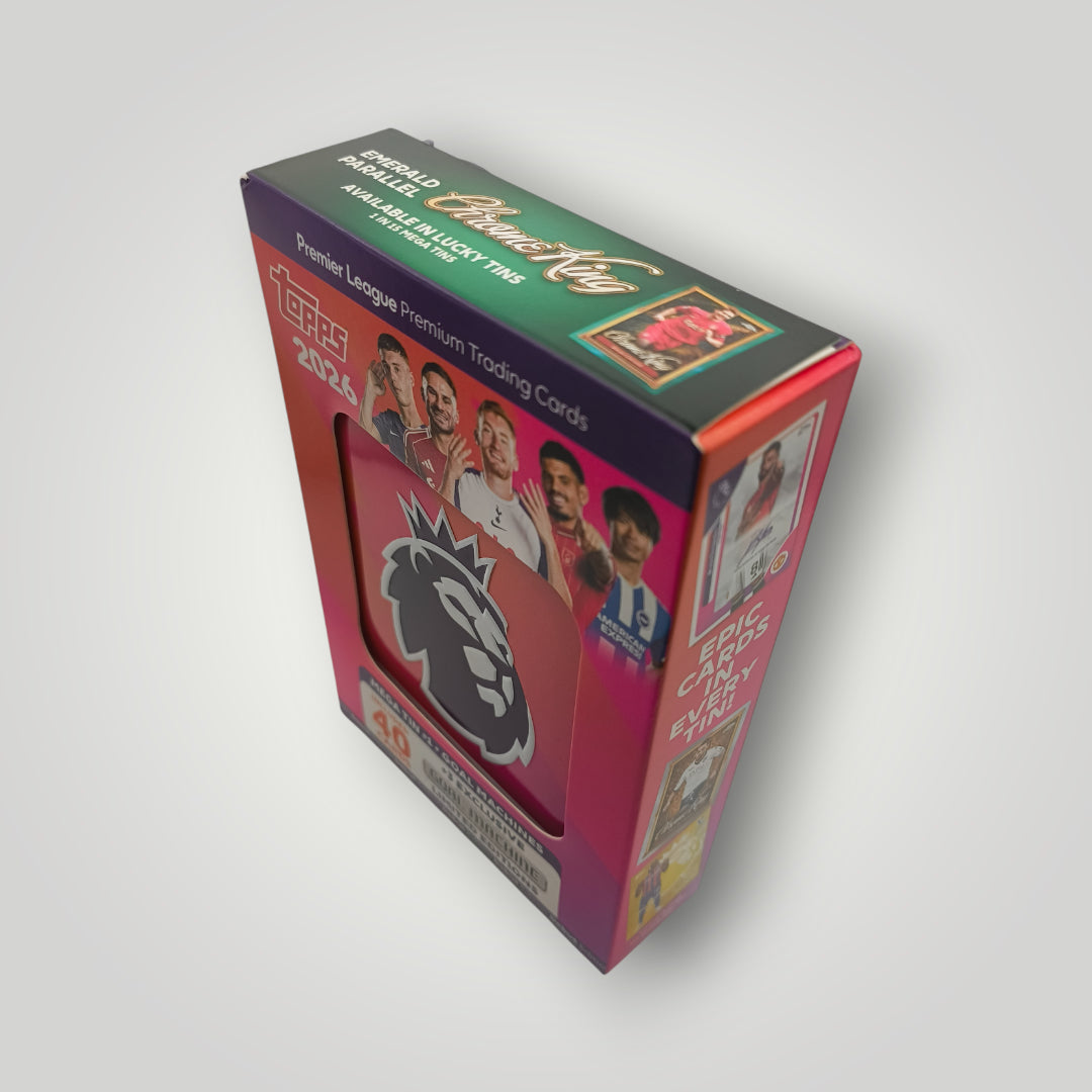 Sealed red TOPPS Premier League 2026 Mega Tin with player images and logo on front.