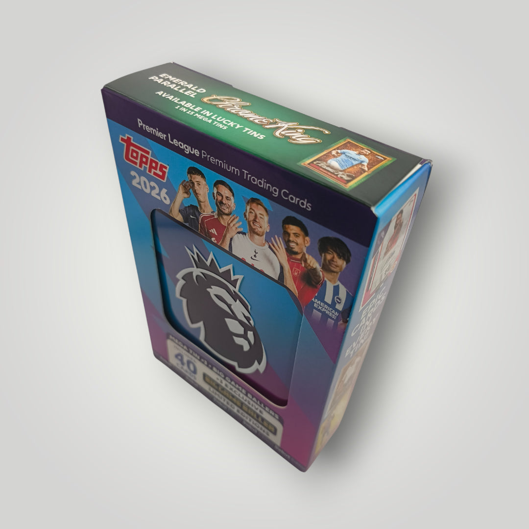 Blue sealed Mega Tin for Topps Premier League 2026 trading cards with player images and league logo.