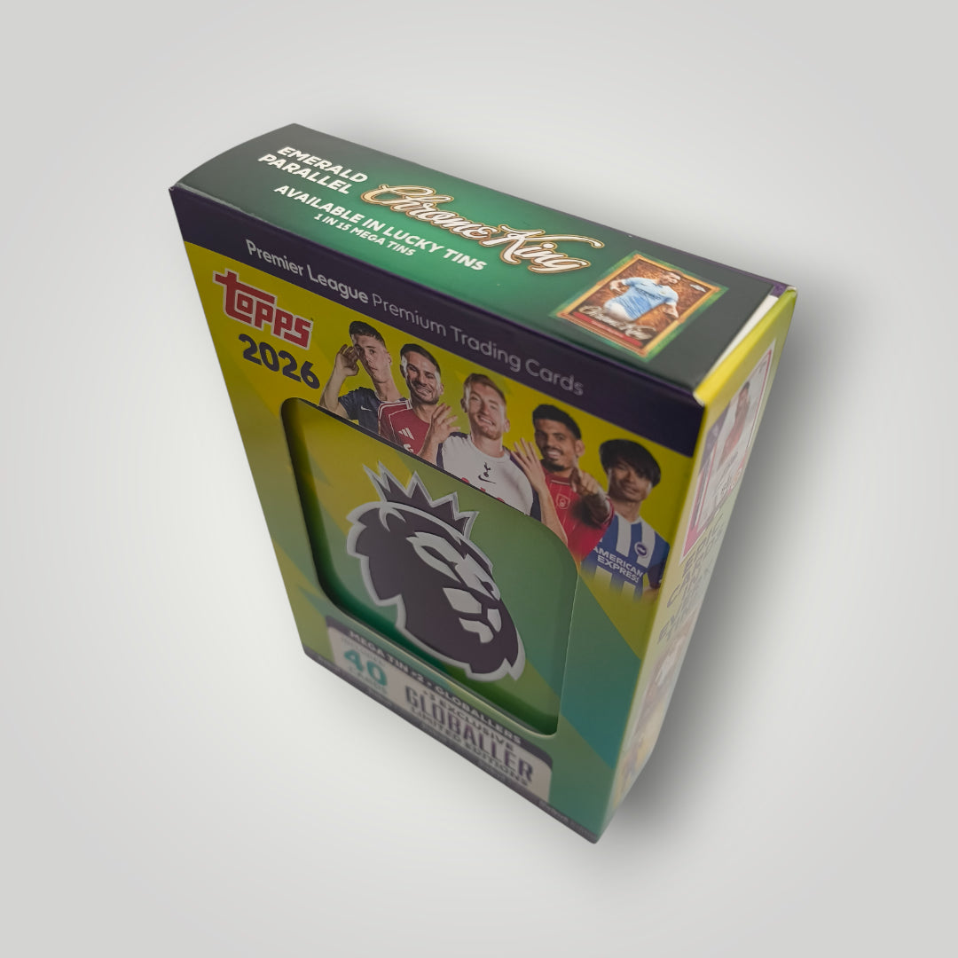 Green sealed Topps Premier League 2026 trading card mega tin with player images and logo.