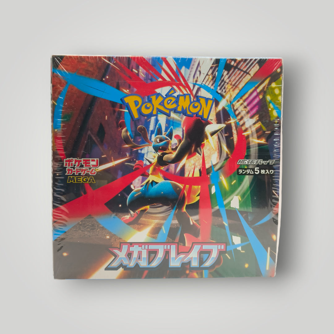 Sealed M1L Mega Brave Pokémon TCG booster box with colorful graffiti-style art.