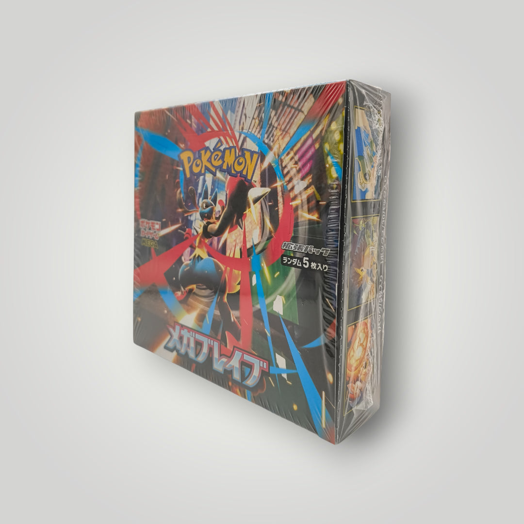 Japanese M1L Mega Brave Pokémon TCG booster box sealed with colorful artwork.