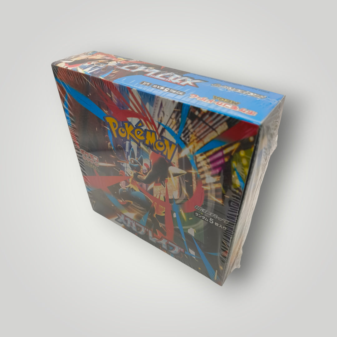 Sealed Pokémon M1L Mega Brave Japanese booster box with colorful artwork.