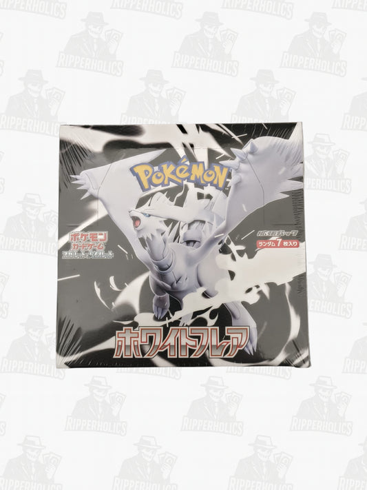 White Flare Japanese Pokémon TCG booster box featuring Zekrom and Reshiram artwork, sealed packaging.