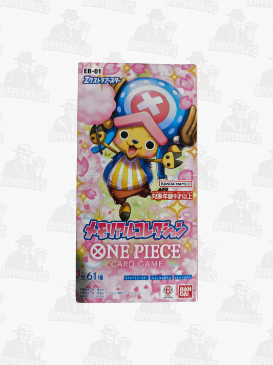 One Piece Card Game EB-01 Memorial Collection booster box featuring Tony Tony Chopper artwork on a pink floral background.