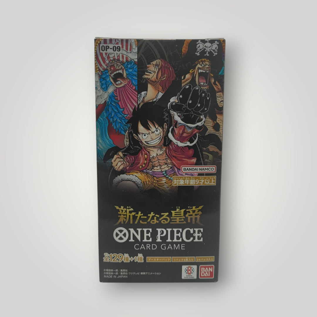 Black Japanese ONE PIECE card game booster box with colorful anime characters and gold text.