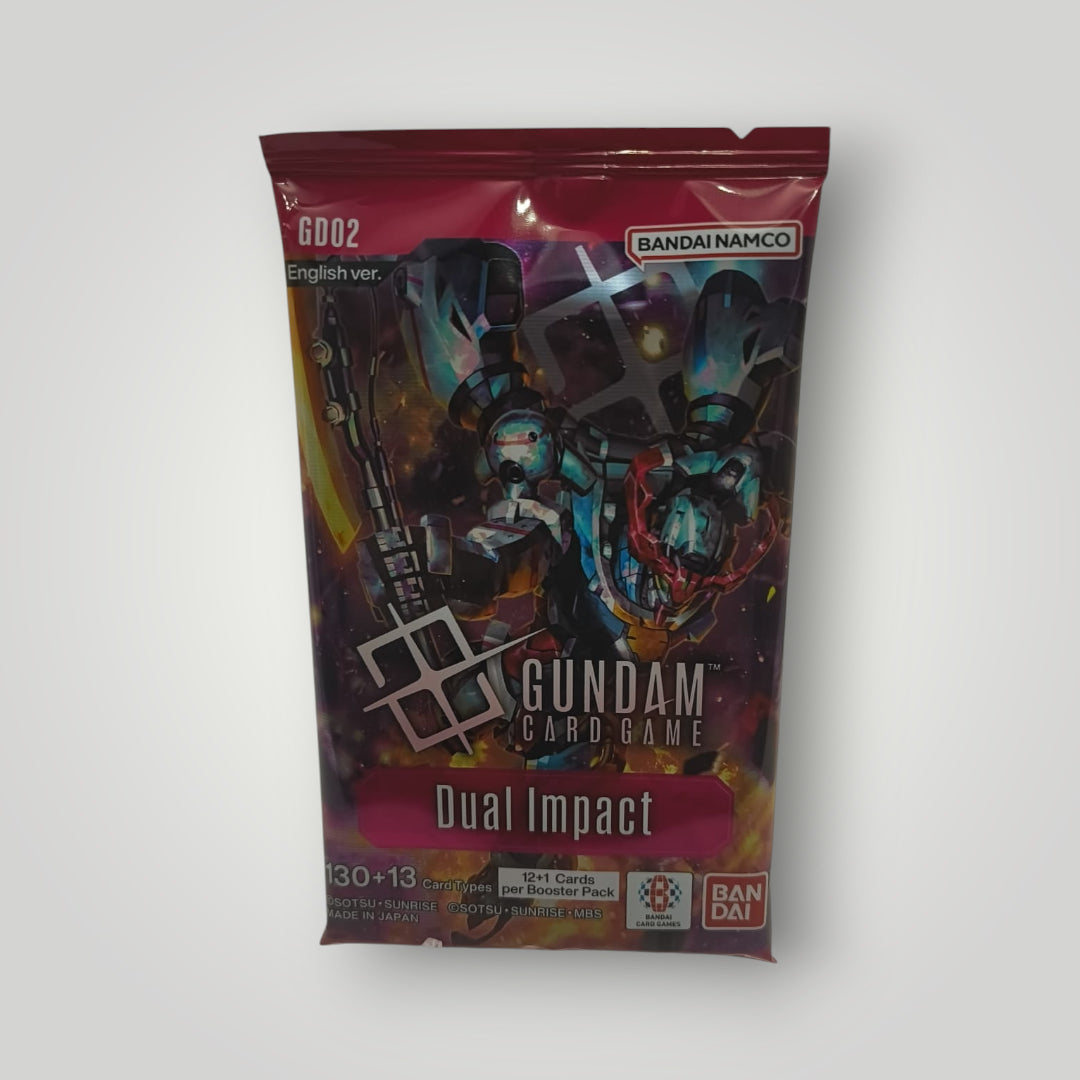 Red Gundam Card Game booster pack with dual impact artwork and Bandai Namco logo.