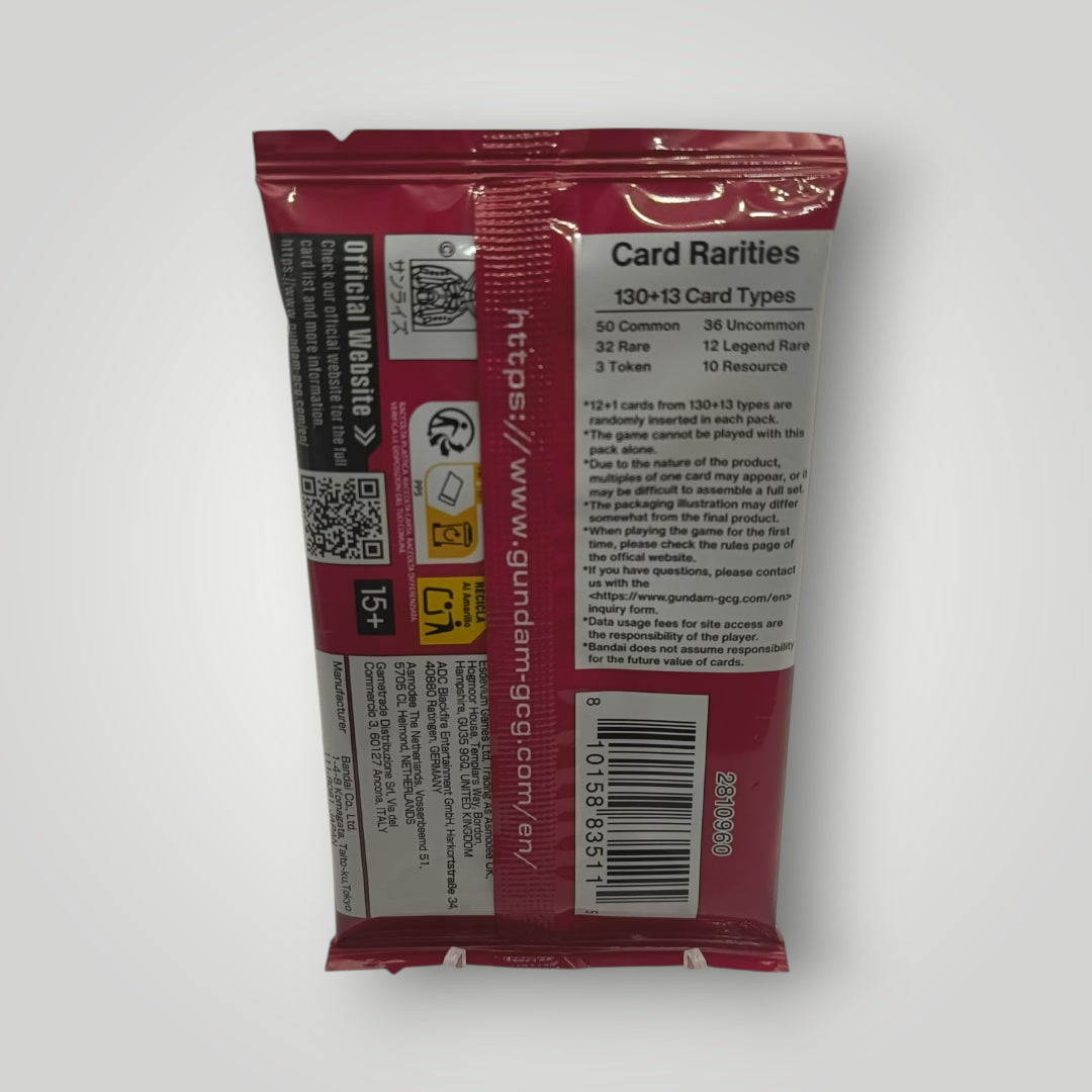 Sealed maroon GD02 Dual Impact Gundam card game booster pack, showing back details and barcode.