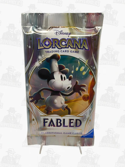 Disney Lorcana Fabled sealed trading card booster pack with vintage Mickey Mouse artwork.