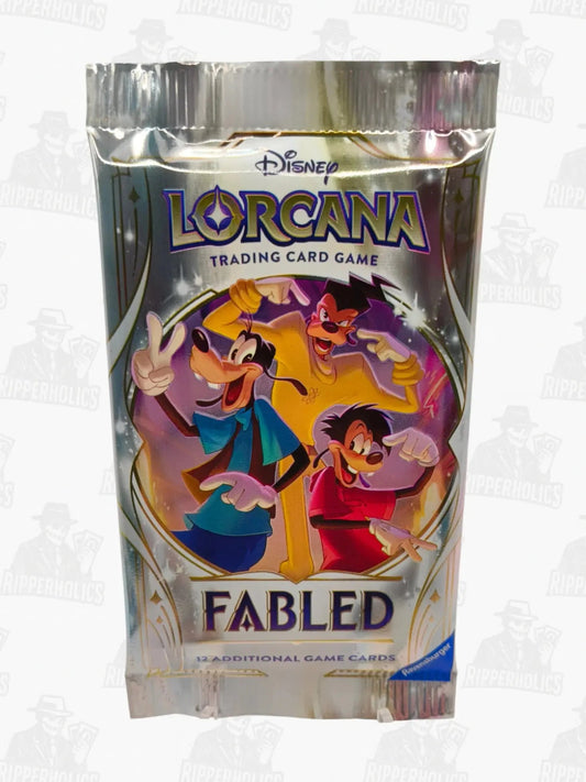 Disney Lorcana Fabled booster pack with vibrant cartoon characters on shiny silver foil packaging.