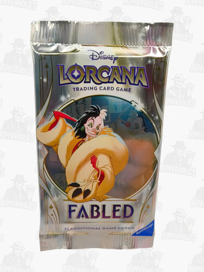 Disney Lorcana Fabled booster pack with colorful artwork of an animated character on shiny silver packaging.