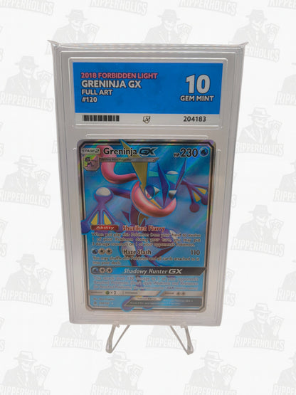 Greninja GX Pokemon card graded ACE 10 with blue holographic background and dynamic water splash design.