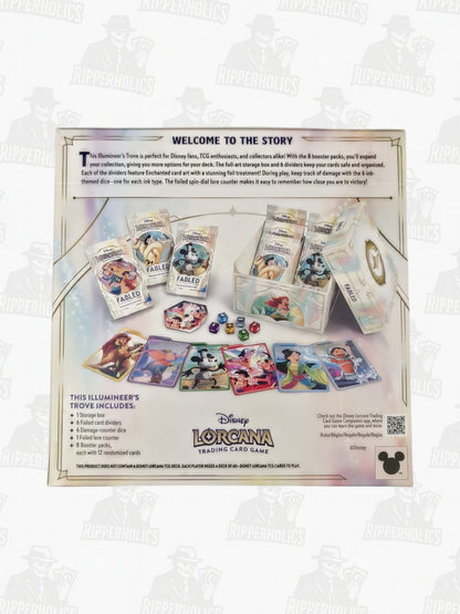 Lorcana Fabled Trove sealed collector set featuring card packs and colorful character artwork on display board.