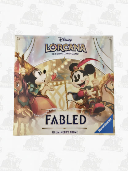 Disney Lorcana Fabled Trove Sealed Collector Set box featuring Mickey Mouse artwork on beige background.