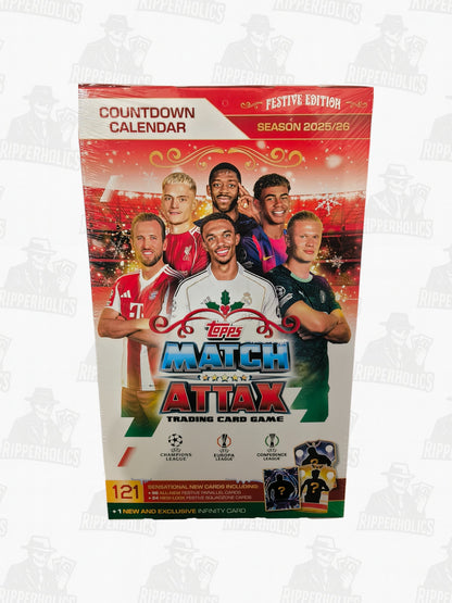 Match Attax 2025/26 Advent Calendar with football player images on red background, sealed packaging.