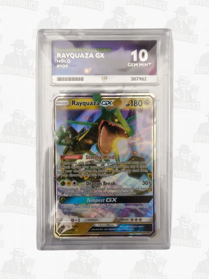 Rayquaza GX Pokémon card graded ACE 10, holographic with dynamic green and gold dragon artwork.