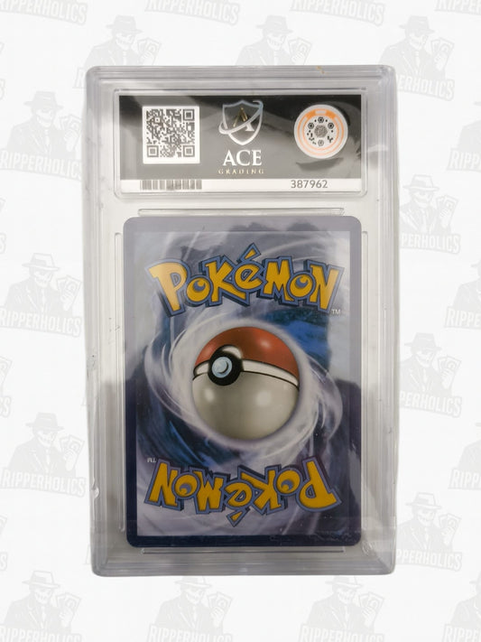 Rayquaza GX Pokémon card graded ACE 10 in protective slab with certification details visible.