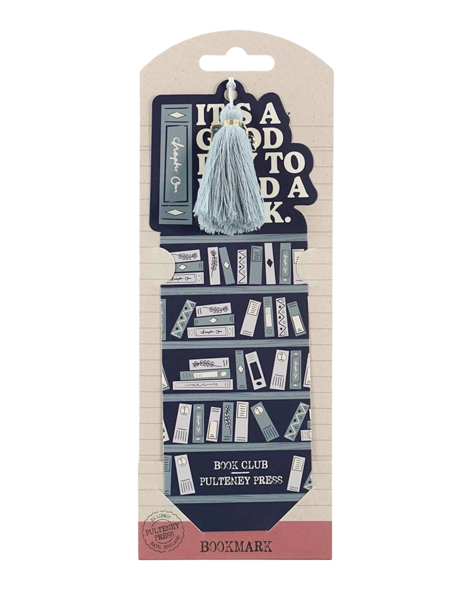 Ripperholics paper bookmark featuring a book club bookshelf design with a light blue tassel and decorative charm