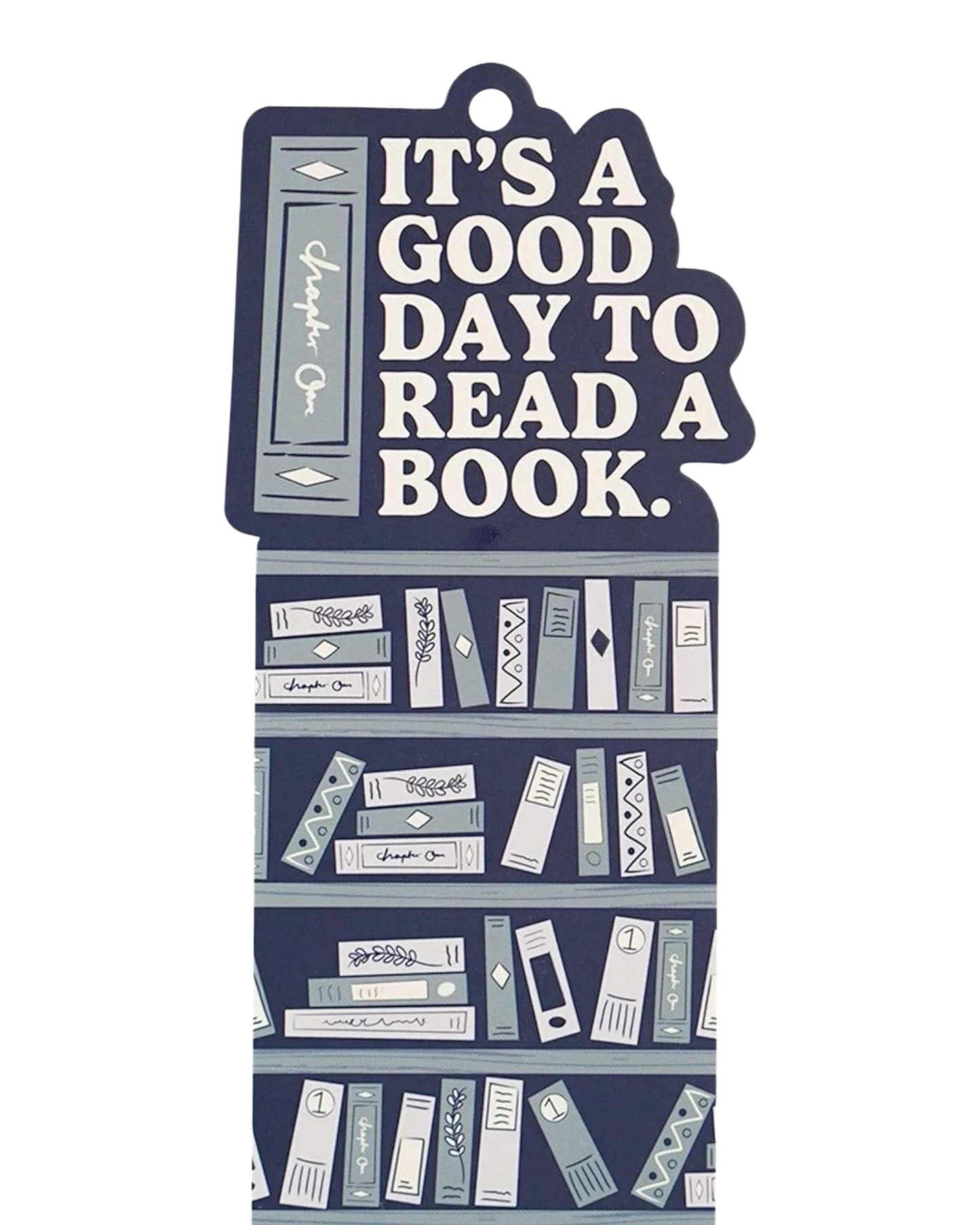 Ripperholics paper bookmark featuring a bookshelf design and the text It's a Good Day to Read a Book in navy blue