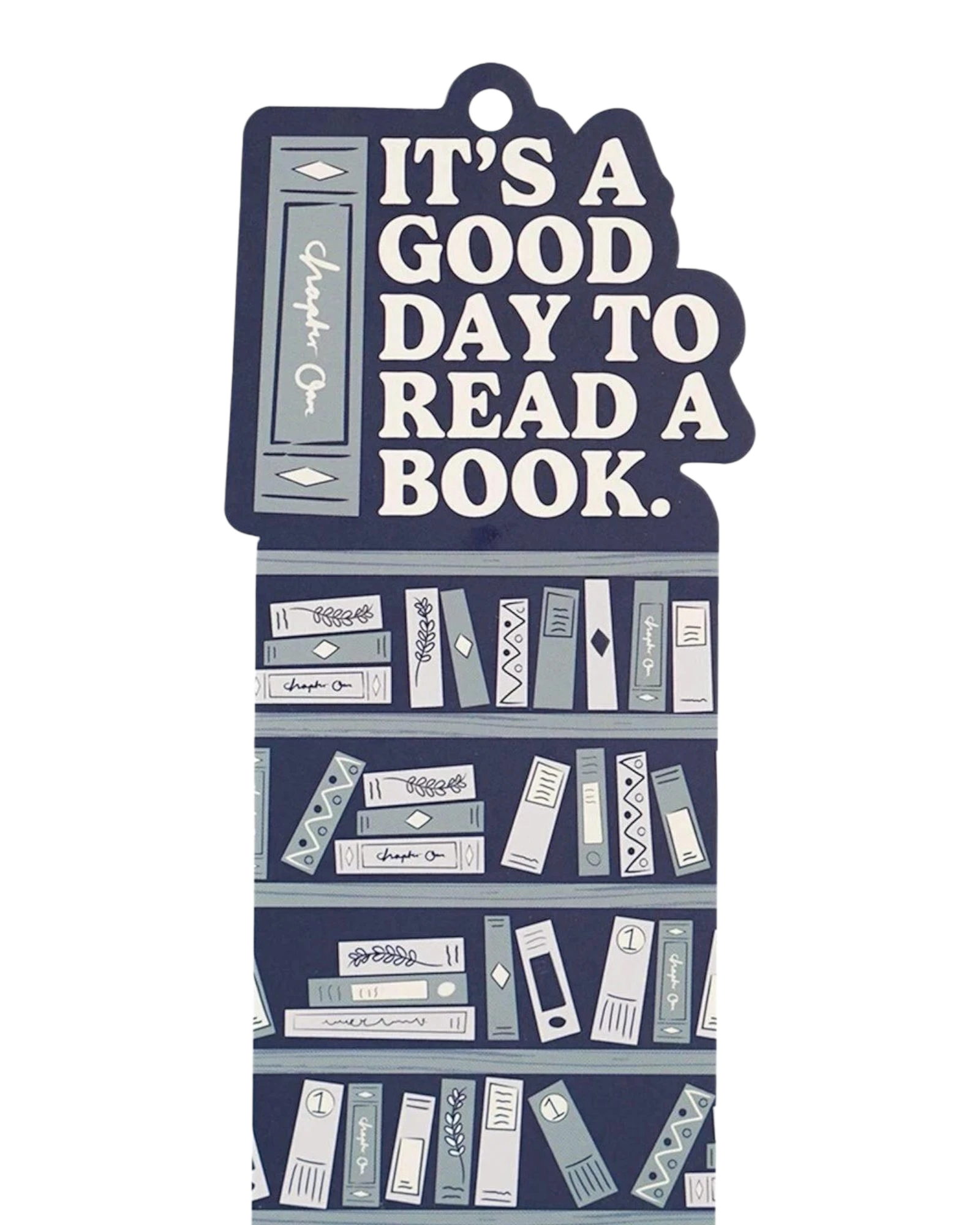 Ripperholics paper bookmark featuring a bookshelf design and the text It's a Good Day to Read a Book in navy blue
