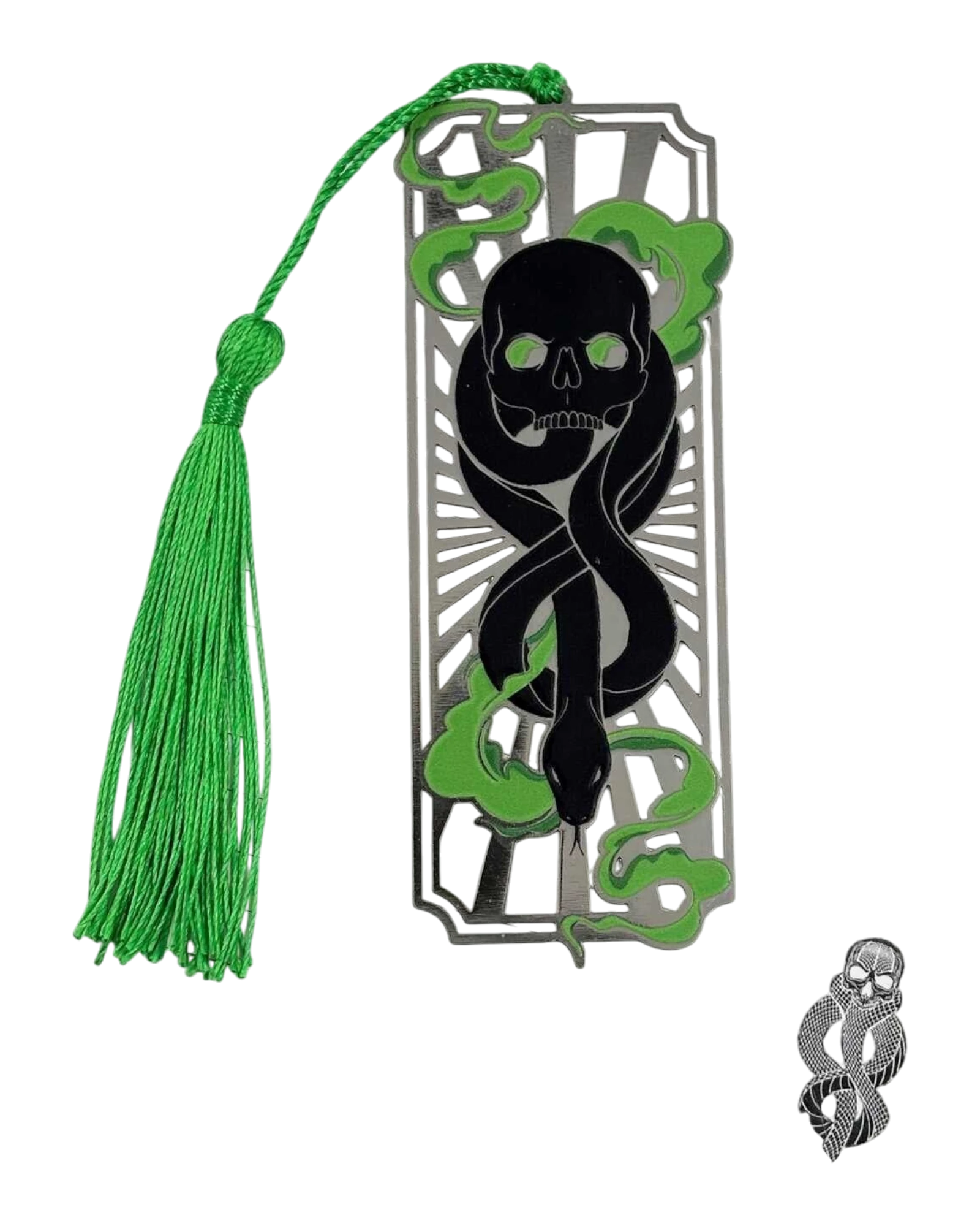 Ripperholics Harry Potter Dark Arts metal bookmark featuring a black skull and snake design with a green silk tassel.