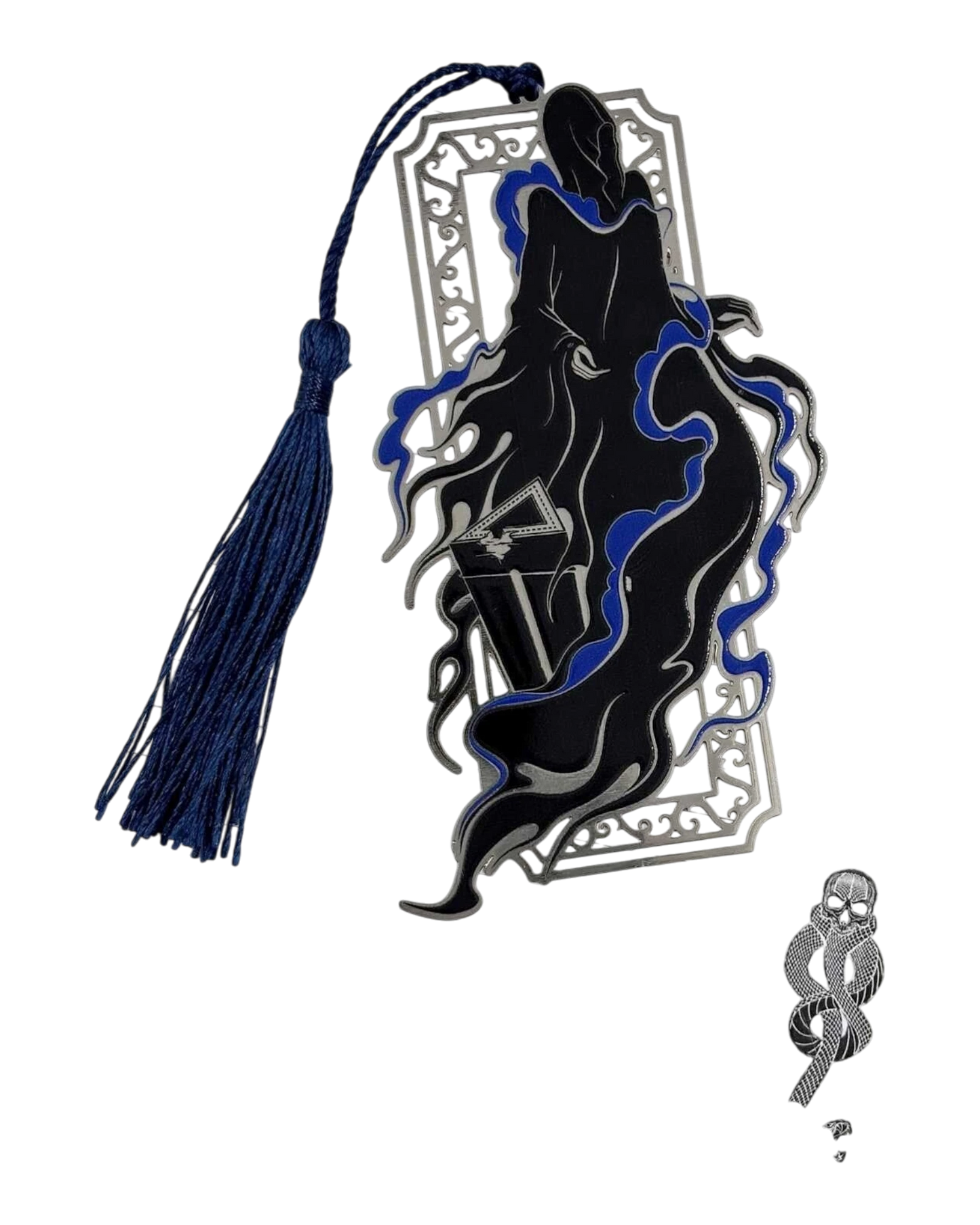 Ripperholics Harry Potter Dark Arts metal bookmark featuring a Dementor design with a navy blue silk tassel