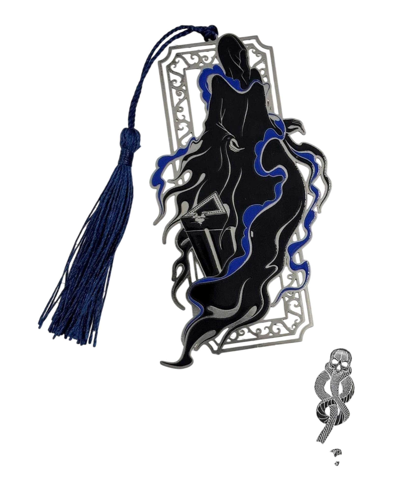 Ripperholics Harry Potter Dark Arts metal bookmark featuring a Dementor design with a navy blue silk tassel