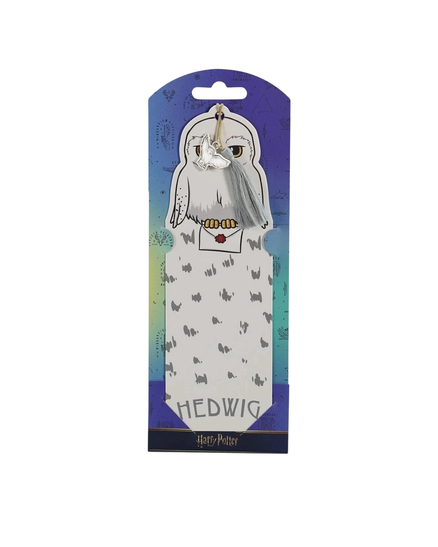 Ripperholics Harry Potter Hedwig paper bookmark with a silver owl charm and grey tassel on a decorative backing card