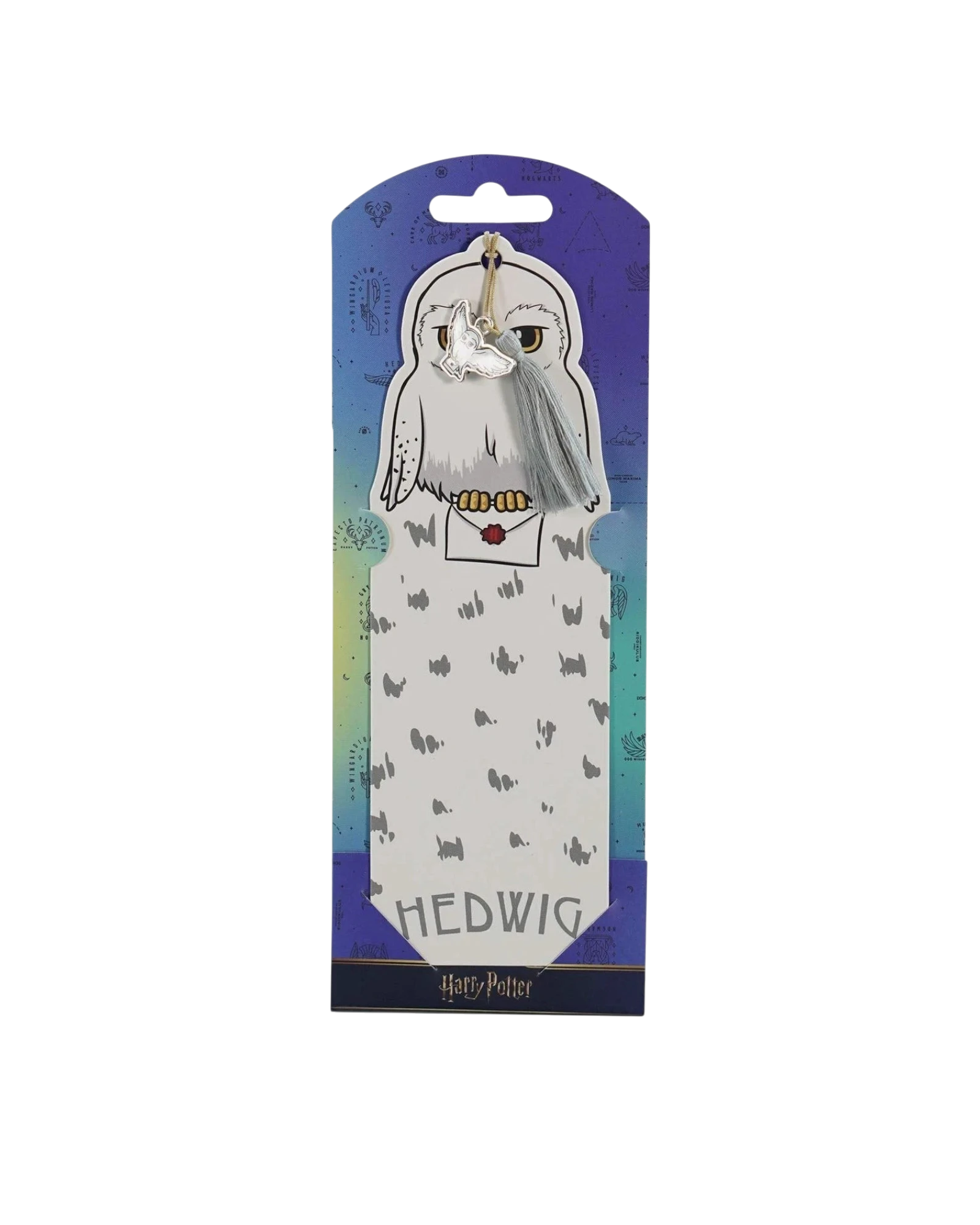 Ripperholics Harry Potter Hedwig paper bookmark with a silver owl charm and grey tassel on a decorative backing card