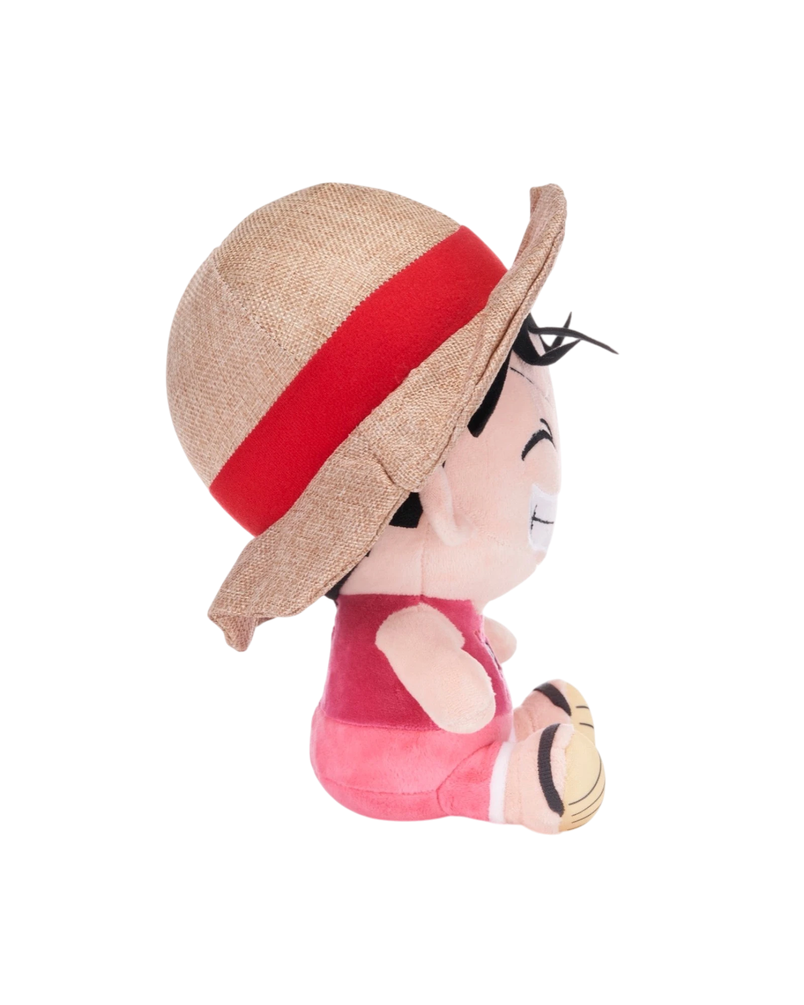 Ripperholics 10-inch Monkey D. Luffy soft toy from One Piece wearing his signature straw hat, side profile view.