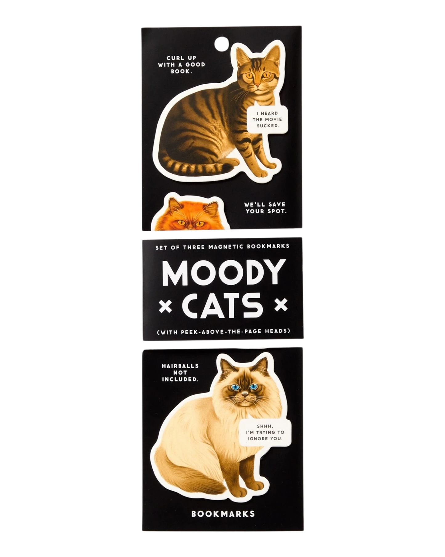 Ripperholics Moody Cats magnetic bookmark set featuring three cat-themed designs with humorous speech bubbles.