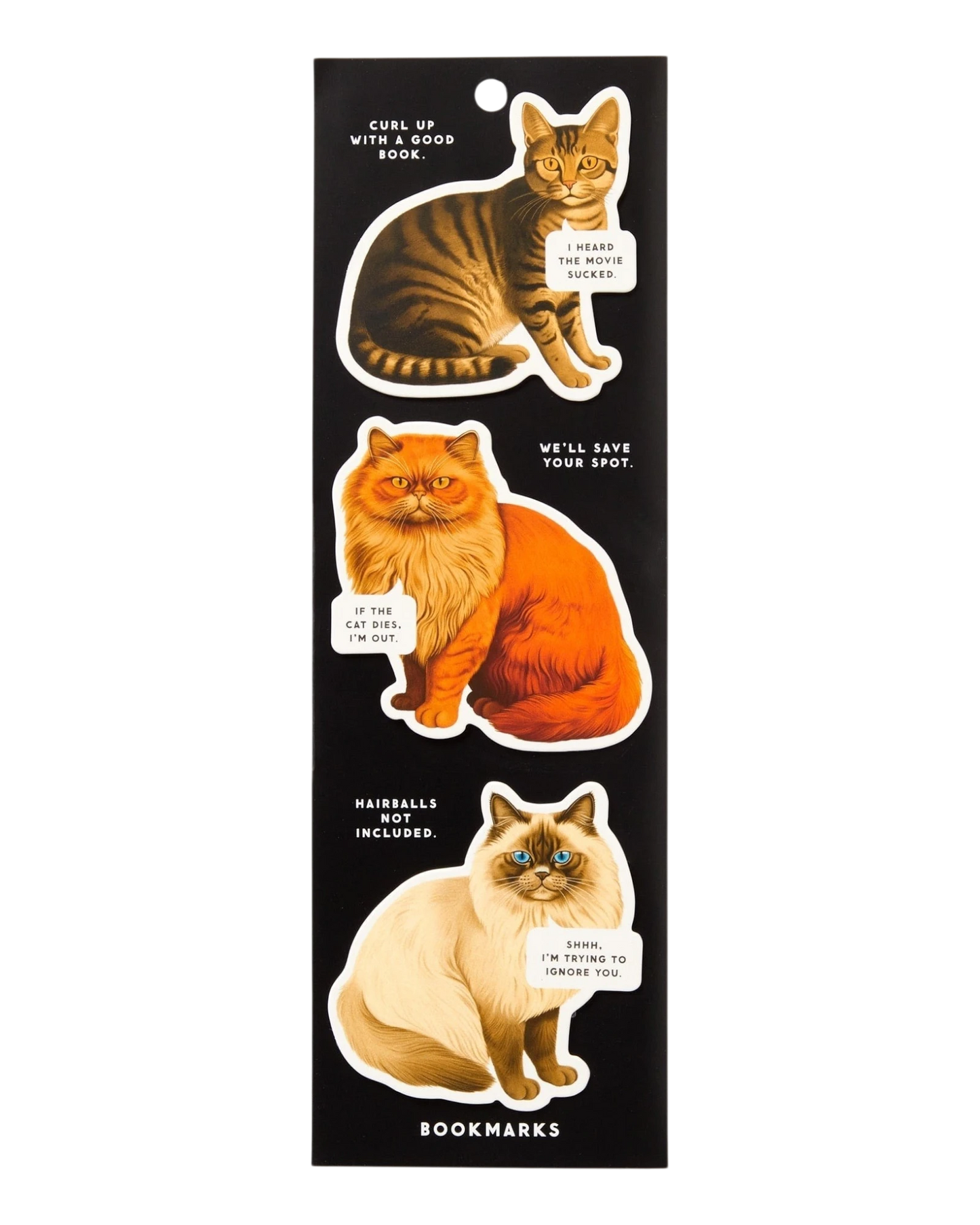 Ripperholics Brass Monkey Moody Cats magnetic bookmark set featuring three illustrated cat designs with funny quotes