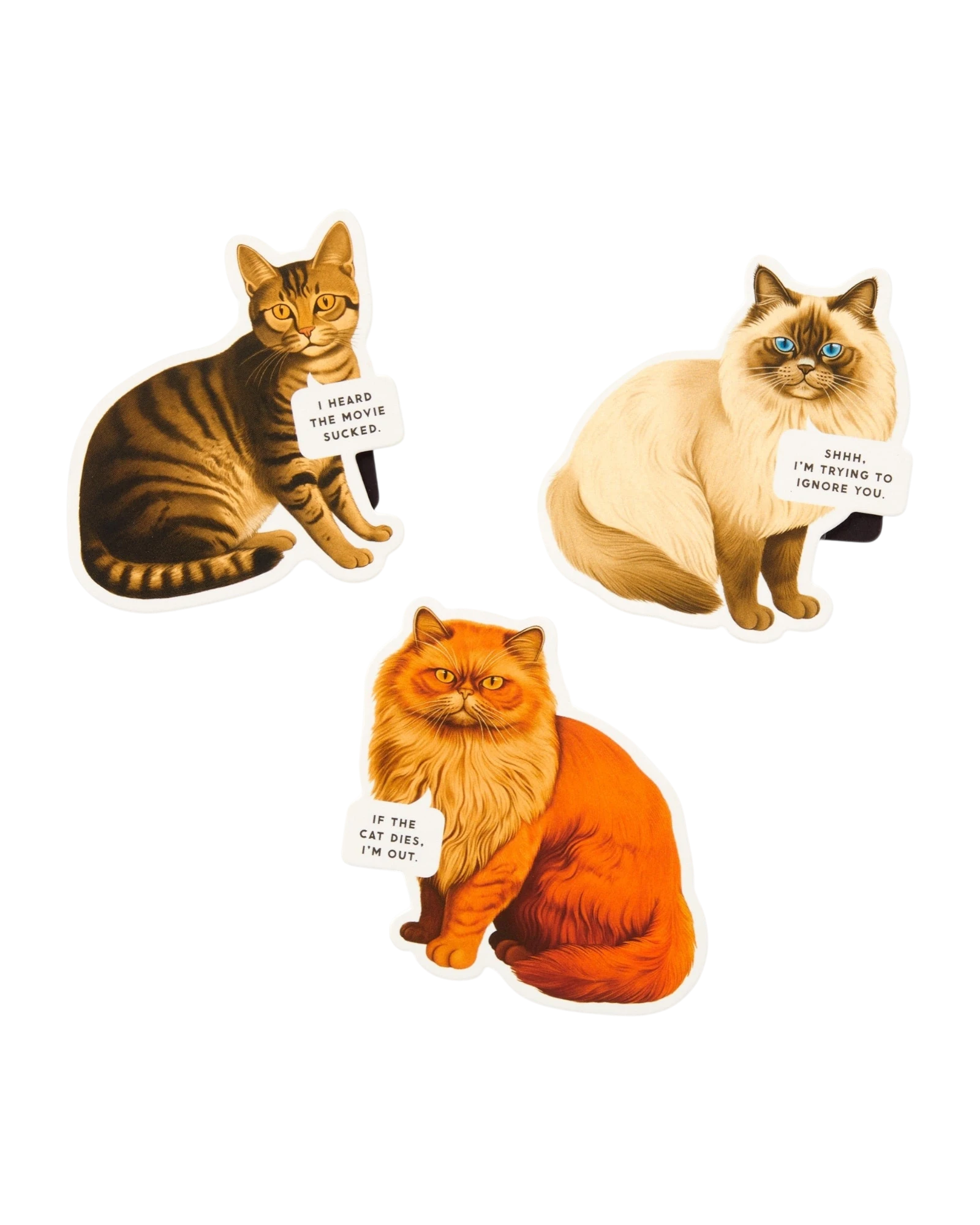 Ripperholics Moody Cats magnetic bookmark set featuring three illustrated cats with funny speech bubbles