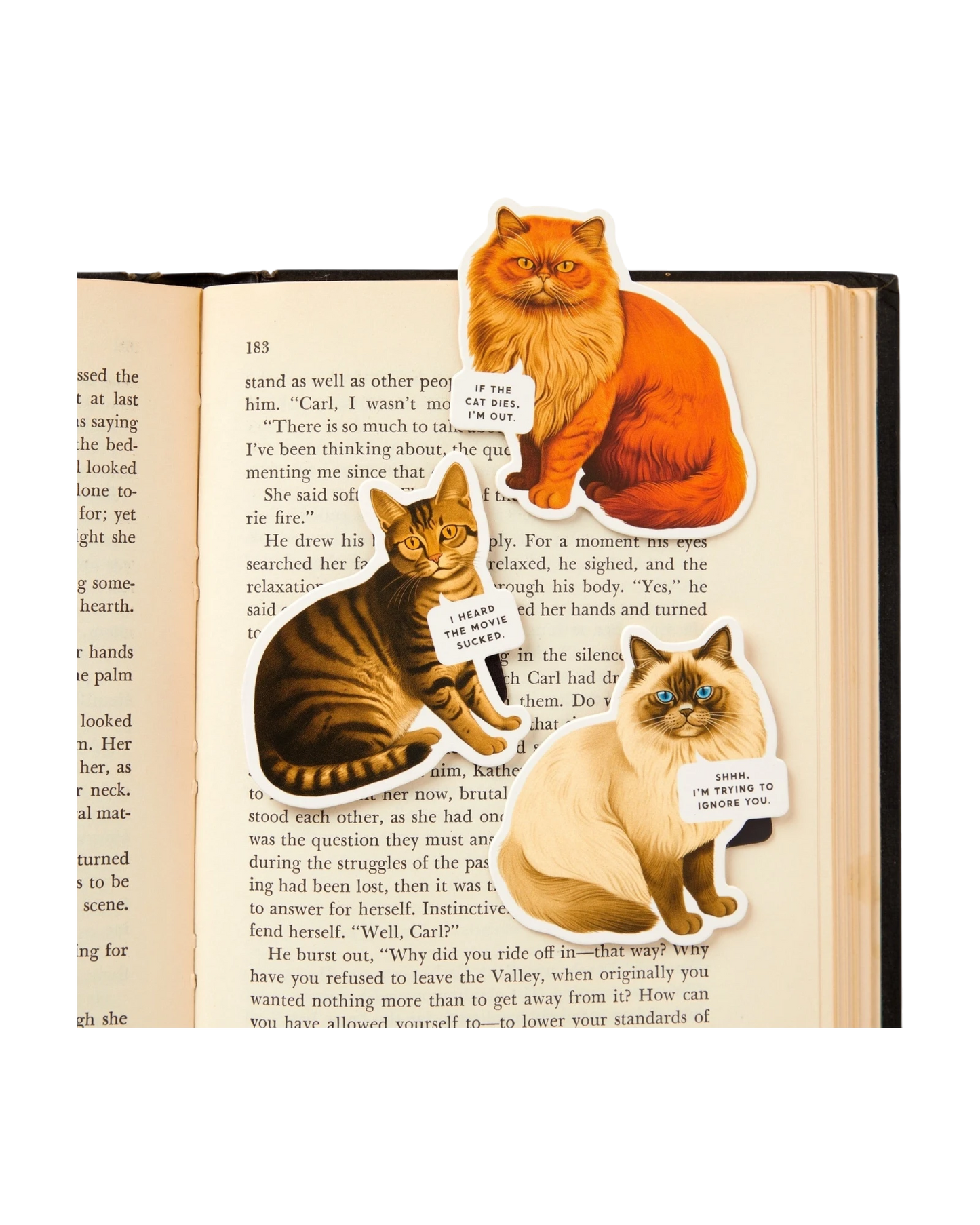 Ripperholics Moody Cats magnetic bookmark set featuring three illustrated cats with funny speech bubbles on a book